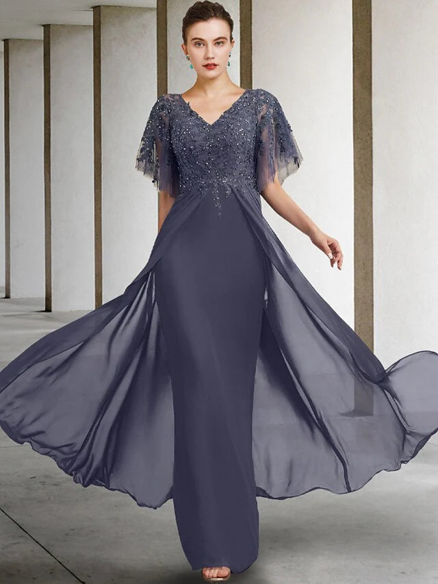 Wholesale A-Line Plus Size Curve Mother of the Bride Dress Elegant V Neck Floor Length Chiffon Lace Short Sleeve with Beading Sequin Appliques